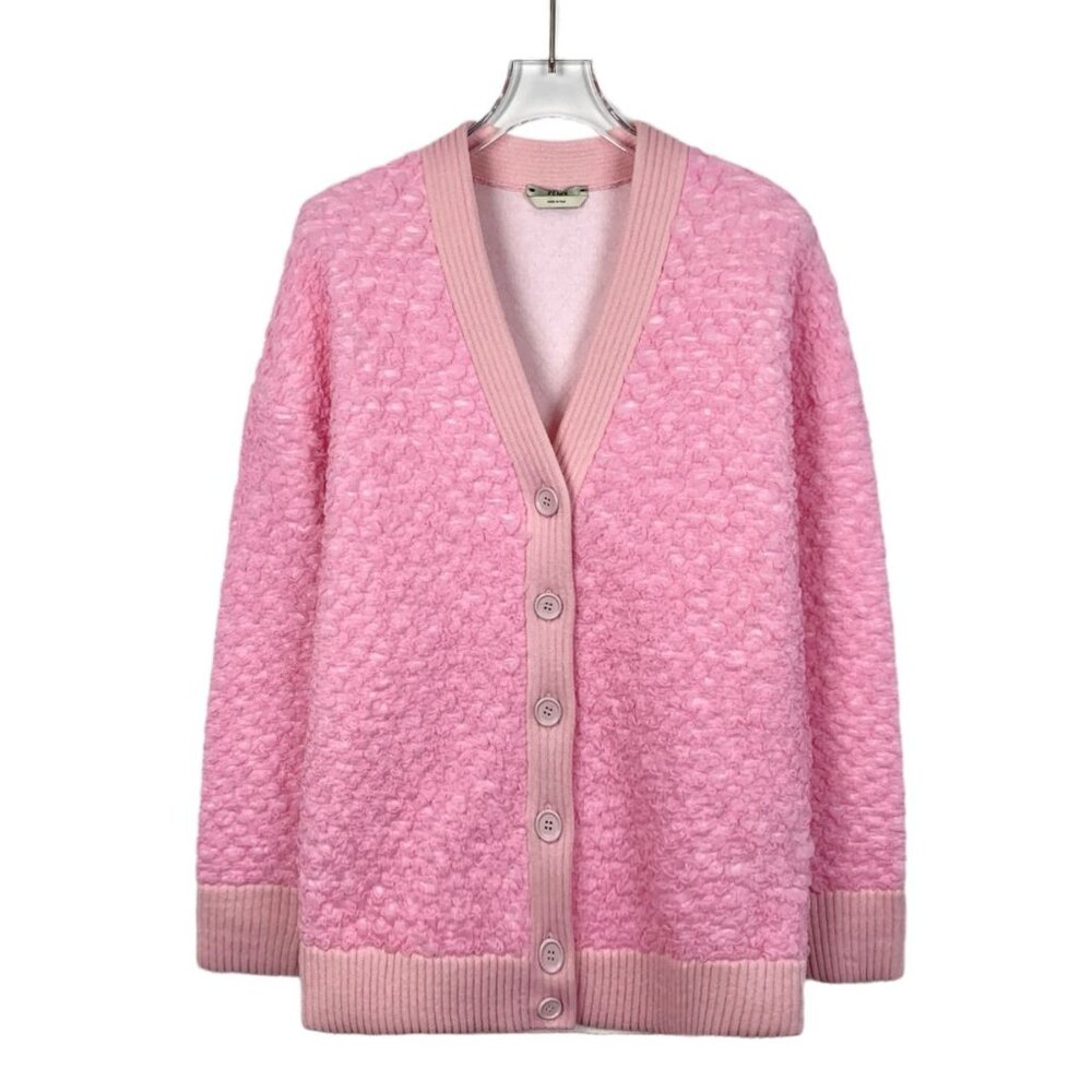 Fendi Pink Textured Button-Down Cardigan With Ribbed Trim Made In Italy
